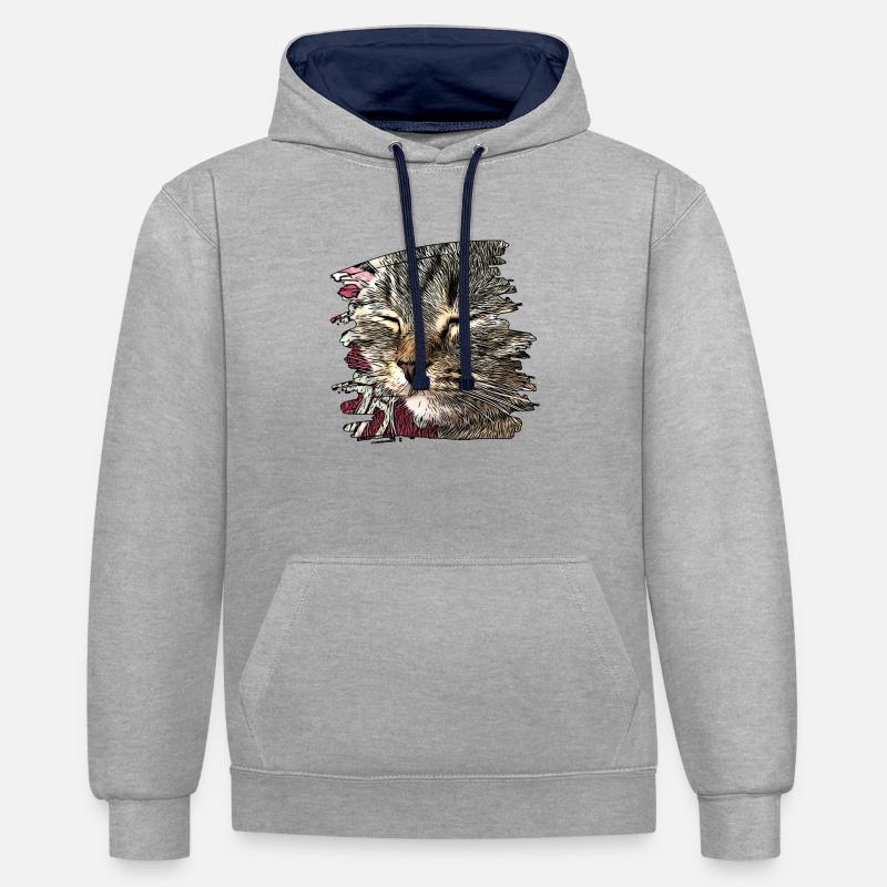 Visage de chat 6 - Sweat à capuche contrasté - gris chiné/bleu marine