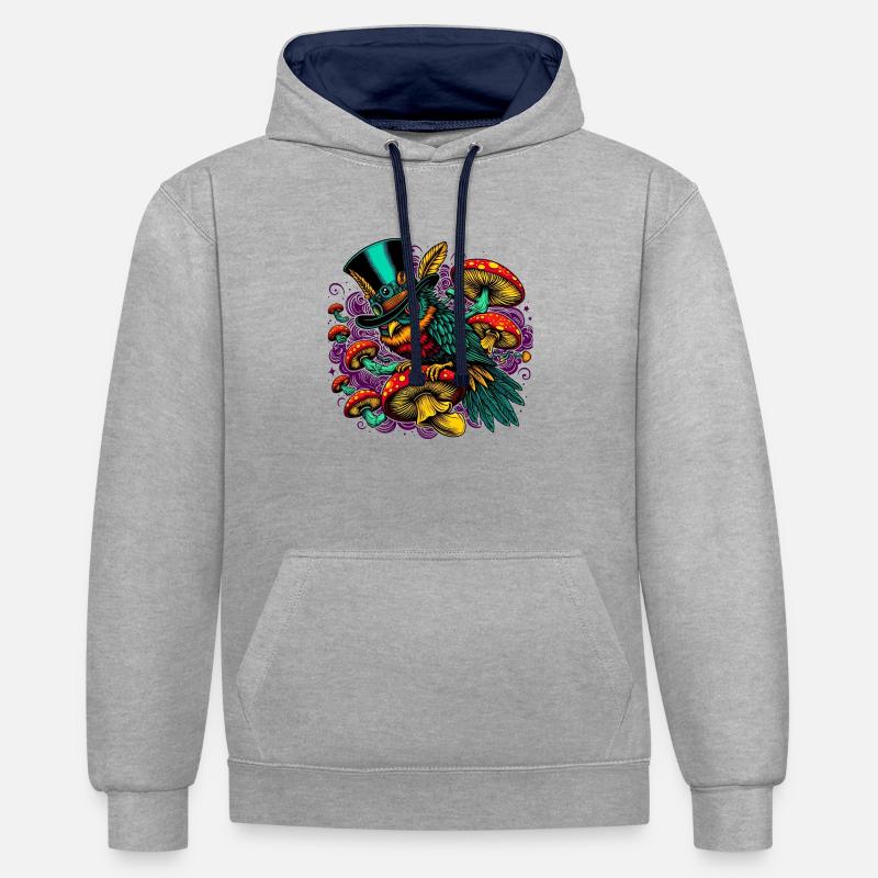 Bunte Eule mit Zylinderhut - Kontrast-Hoodie - Grau meliert/Navy