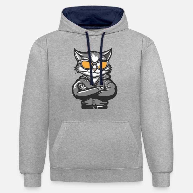 Chat Bande Dessinée Cool - Sweat à capuche contrasté - gris chiné/bleu marine