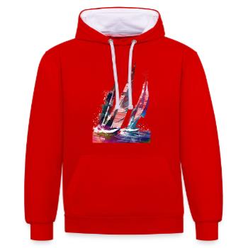 Segelsport Kunst #sailing - Kontrast-Hoodie - Rot/Weiß - Vorne - Liana (172cm) & Jaron (178cm)