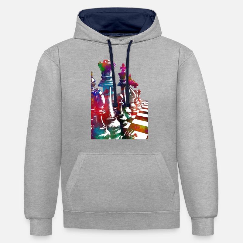 Échecs #chess #sport - Sweat à capuche contrasté - gris chiné/bleu marine