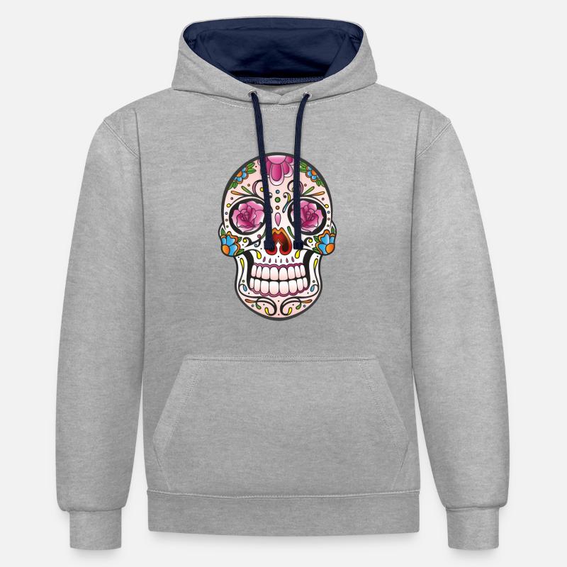 Mexican Sugar Skull, day of the dead - Sweat à capuche contrasté - gris chiné/bleu marine