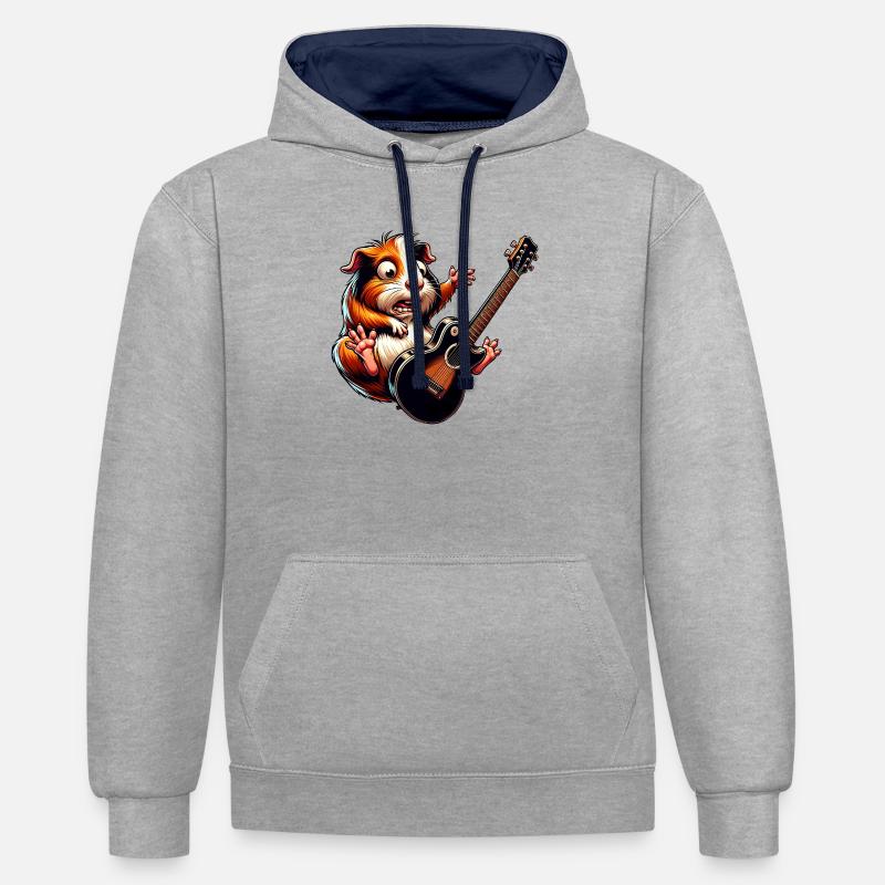 Cochon d’Inde rocks avec guitare électrique - Sweat à capuche contrasté - gris chiné/bleu marine
