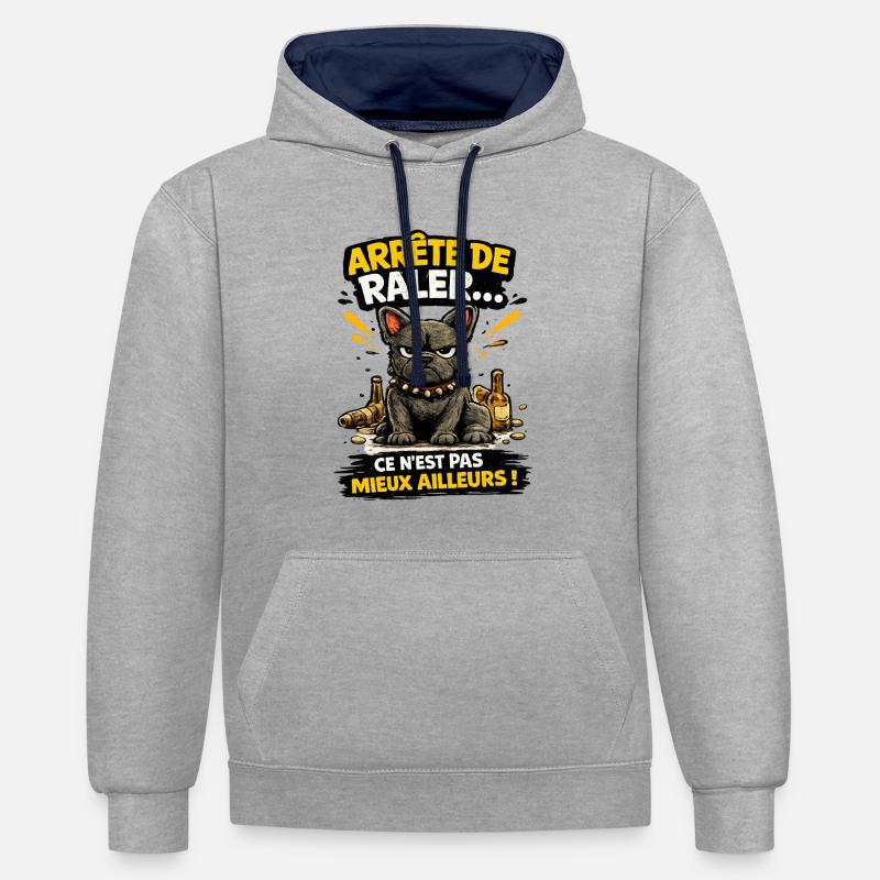 Chien bouledogue râleur - Arrête de râler - Sweat à capuche contrasté - gris chiné/bleu marine