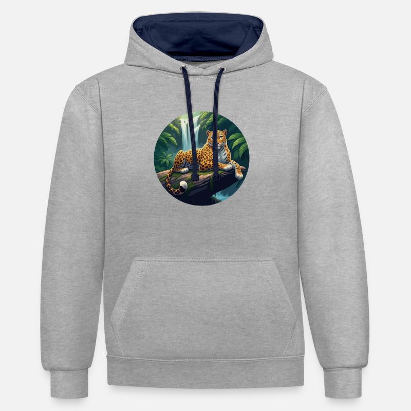 Jaguar dans la jungle - Sweat à capuche contrasté - gris chiné/bleu marine