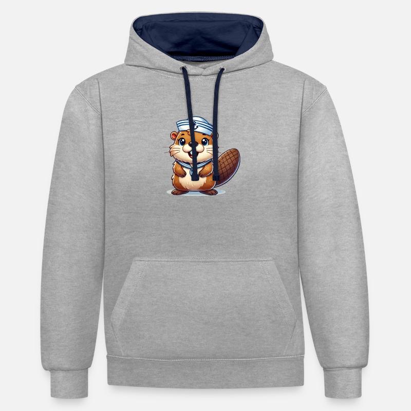 Capitaine de marin castor - Sweat à capuche contrasté - gris chiné/bleu marine