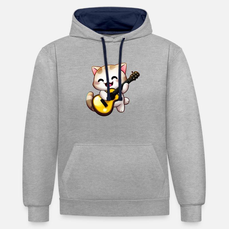 Chat avec guitare - Sweat à capuche contrasté - gris chiné/bleu marine
