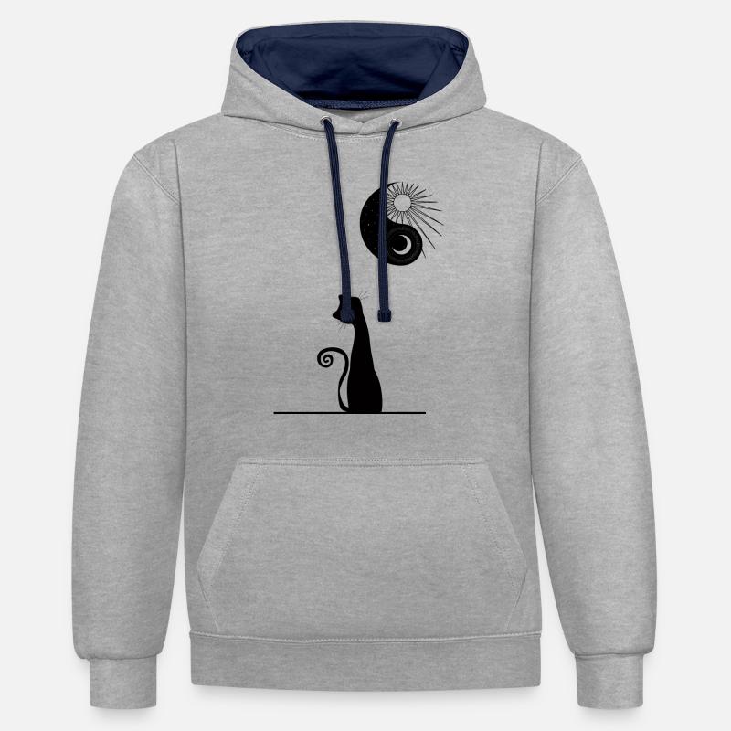 chat en face lune - Sweat à capuche contrasté - gris chiné/bleu marine