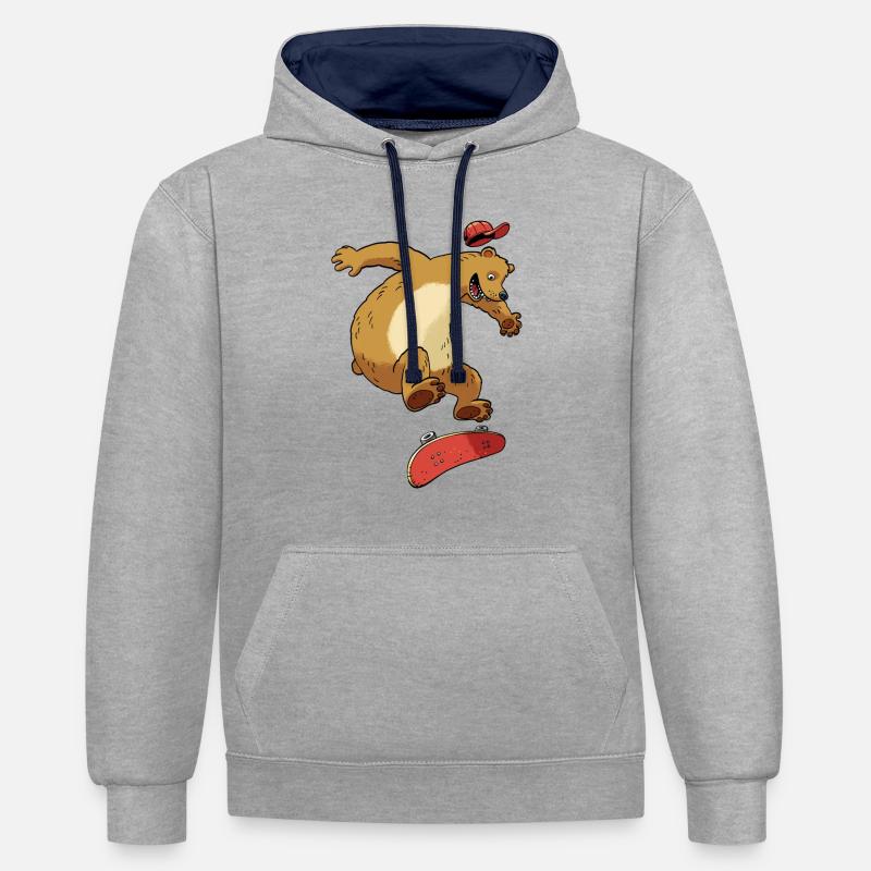 Ours sur planche à roulettes - Sweat à capuche contrasté - gris chiné/bleu marine