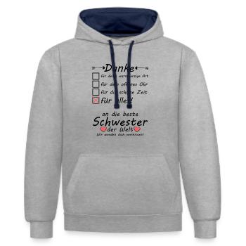 Schwester zieht aus Auszug Danke zum Abschied - Kontrast-Hoodie - Grau meliert/Navy - Vorne - Liana (172cm) & Jaron (178cm)
