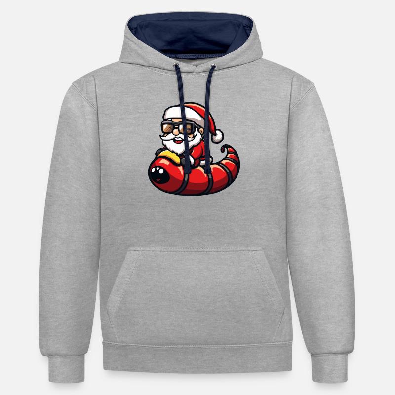 ver Père Noël dessin animé - Sweat à capuche contrasté - gris chiné/bleu marine