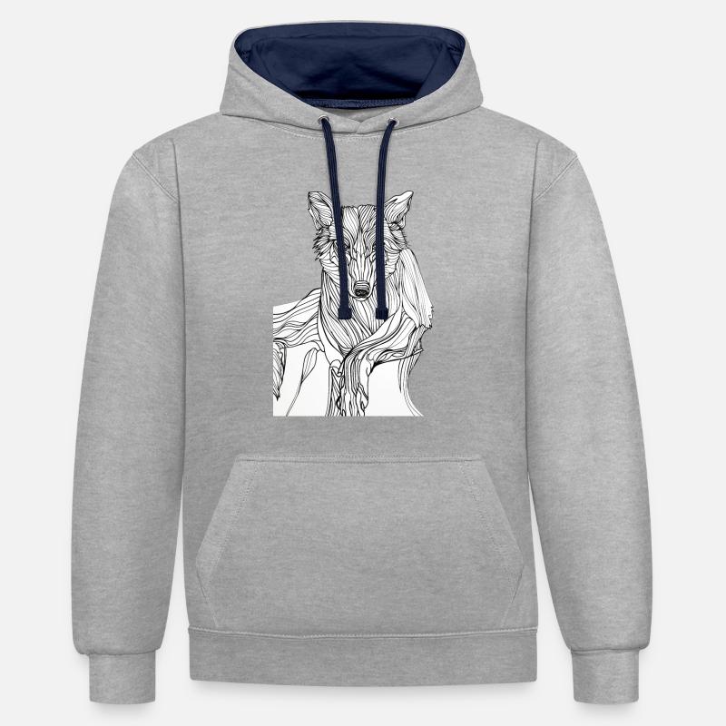 Lignes art loup #wolf - Sweat à capuche contrasté - gris chiné/bleu marine