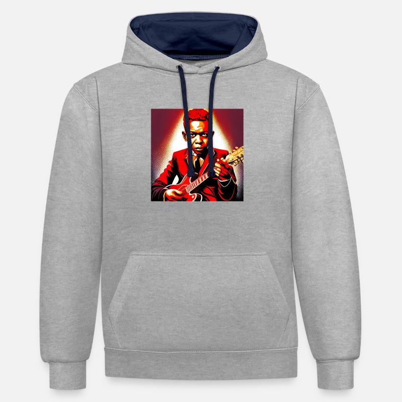 Robert Johnson guitariste - Sweat à capuche contrasté - gris chiné/bleu marine