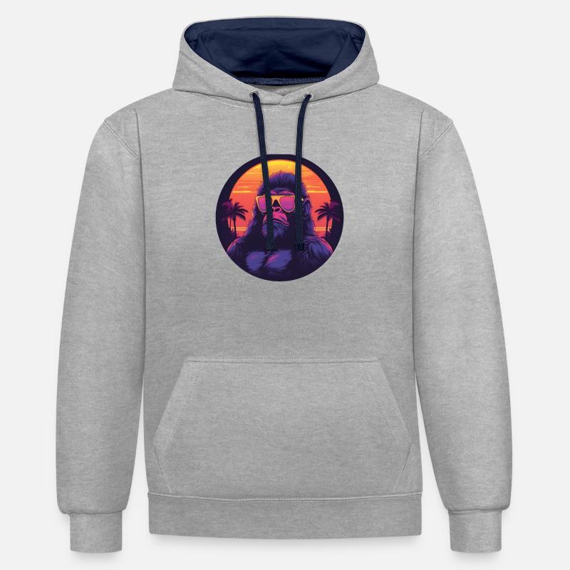 Synthwave gorilla Sunset - Sweat à capuche contrasté - gris chiné/bleu marine