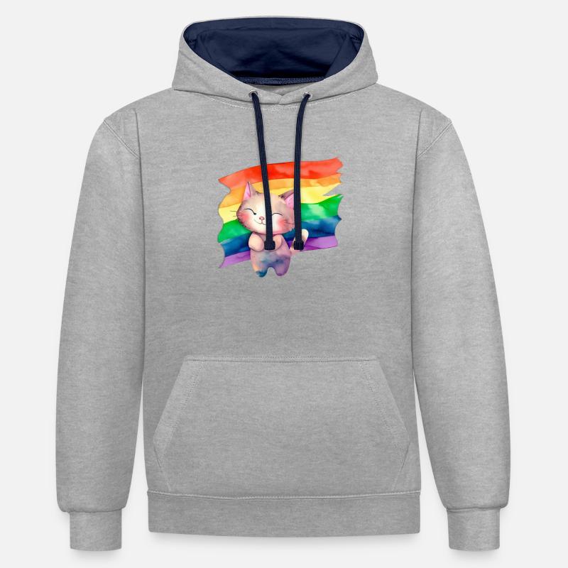 Chat avec drapeau lgbt - Sweat à capuche contrasté - gris chiné/bleu marine