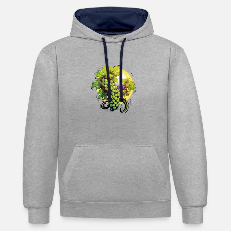 Grappes de raisin et payage - Sweat à capuche contrasté - gris chiné/bleu marine