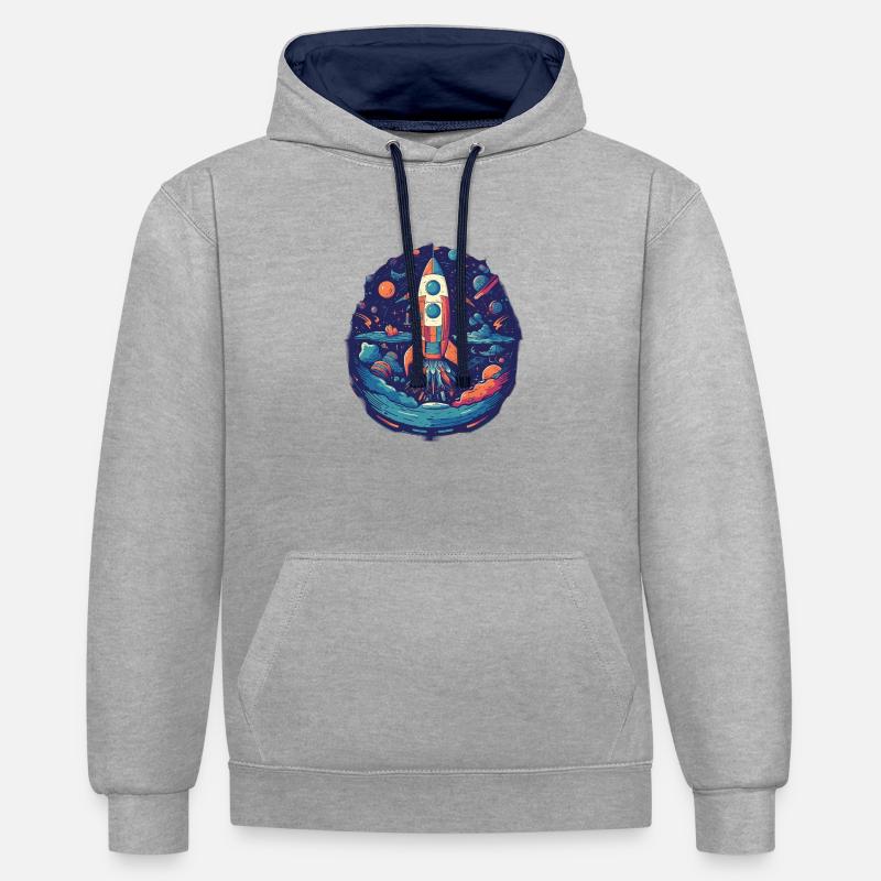 Whimsy Rocket: Aventure galactique! - Sweat à capuche contrasté - gris chiné/bleu marine