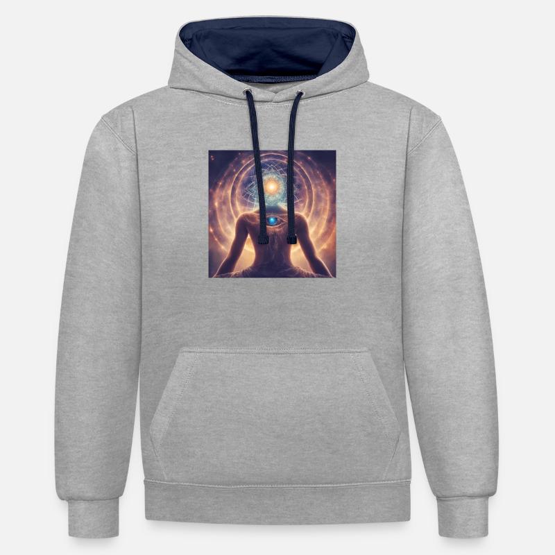Espace, Planètes, Étoiles - Sweat à capuche contrasté - gris chiné/bleu marine