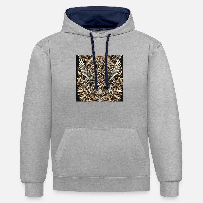 Mandala oiseau avec des fleurs - Sweat à capuche contrasté - gris chiné/bleu marine