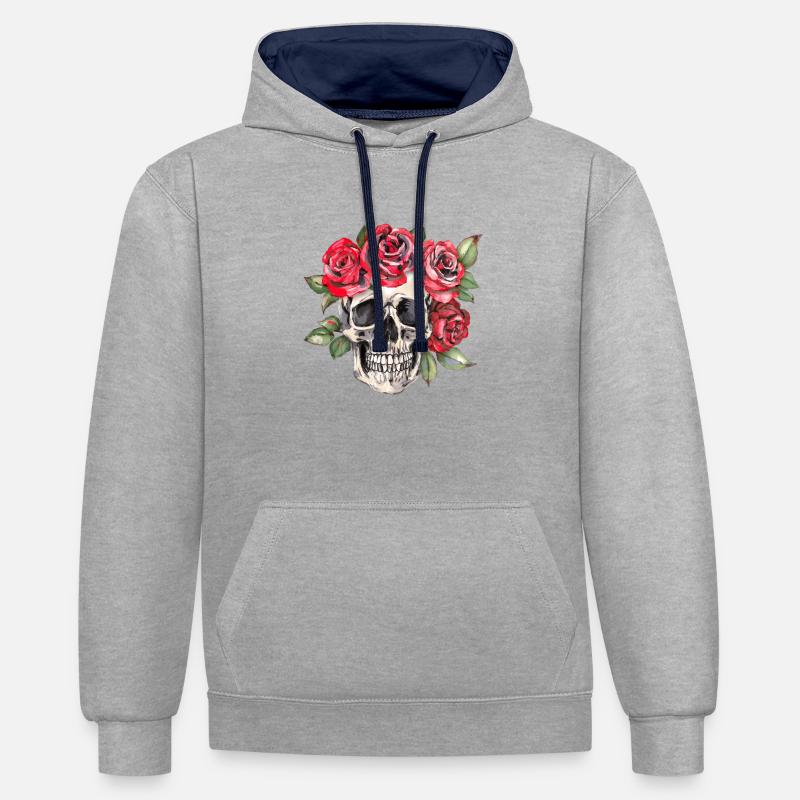 Crâne avec des roses rouges - Sweat à capuche contrasté - gris chiné/bleu marine