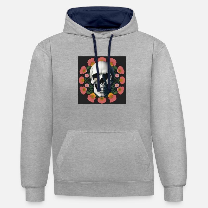 Flower-Skull - Kontrast-Hoodie - Grau meliert/Navy
