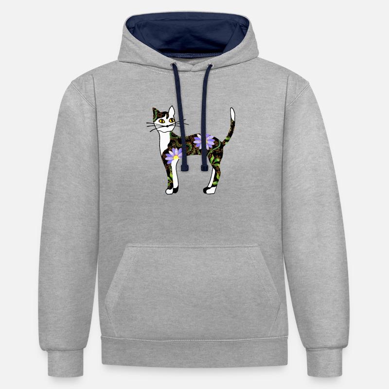 Chat - Sweat à capuche contrasté - gris chiné/bleu marine
