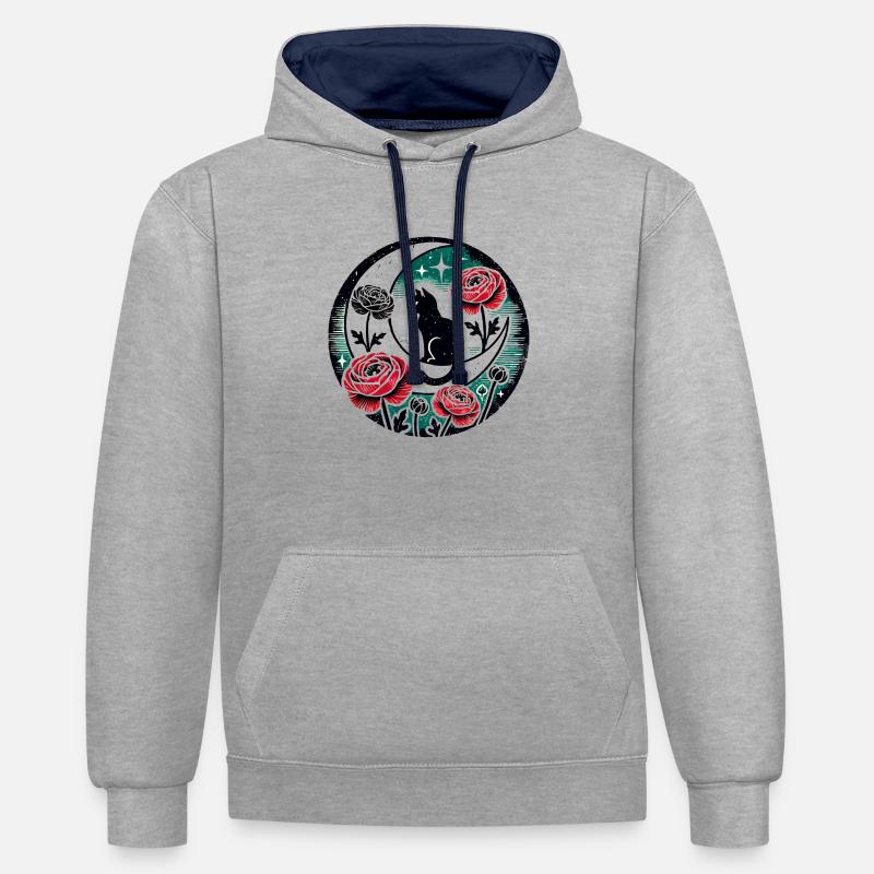Lune chat noir - Sweat à capuche contrasté - gris chiné/bleu marine