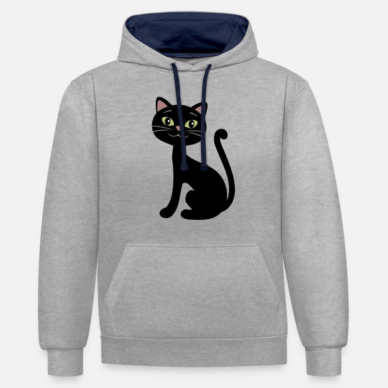 Chat noir heureux - Sweat à capuche contrasté - gris chiné/bleu marine