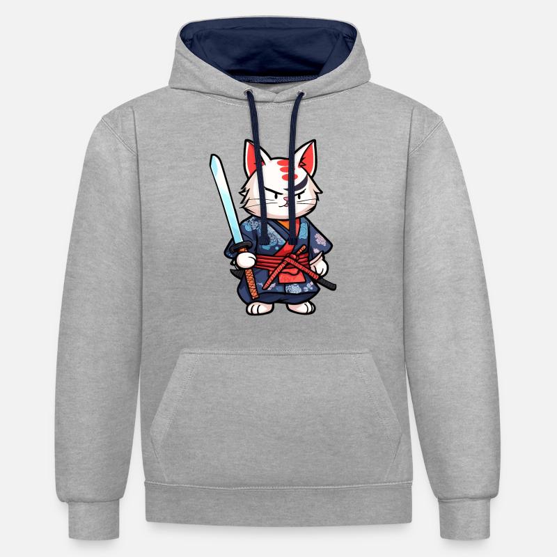 Chat samouraï #25 - Sweat à capuche contrasté - gris chiné/bleu marine