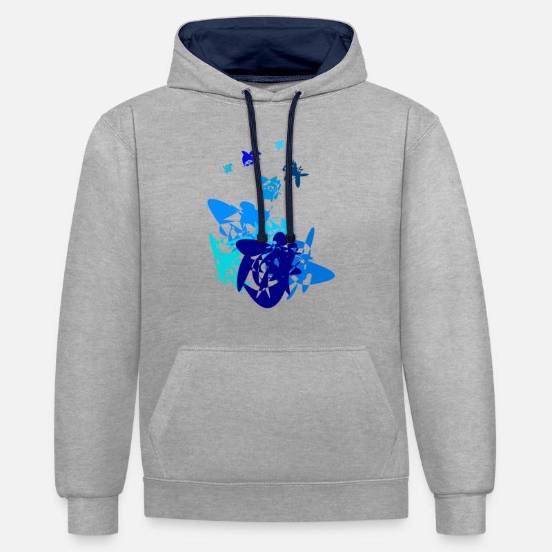 bleu, dessin abstrait en bleu - Sweat à capuche contrasté - gris chiné/bleu marine