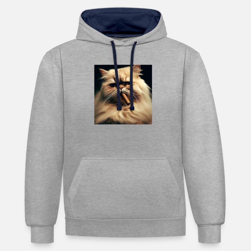 Chat persan Negan avec cigare - Sweat à capuche contrasté - gris chiné/bleu marine