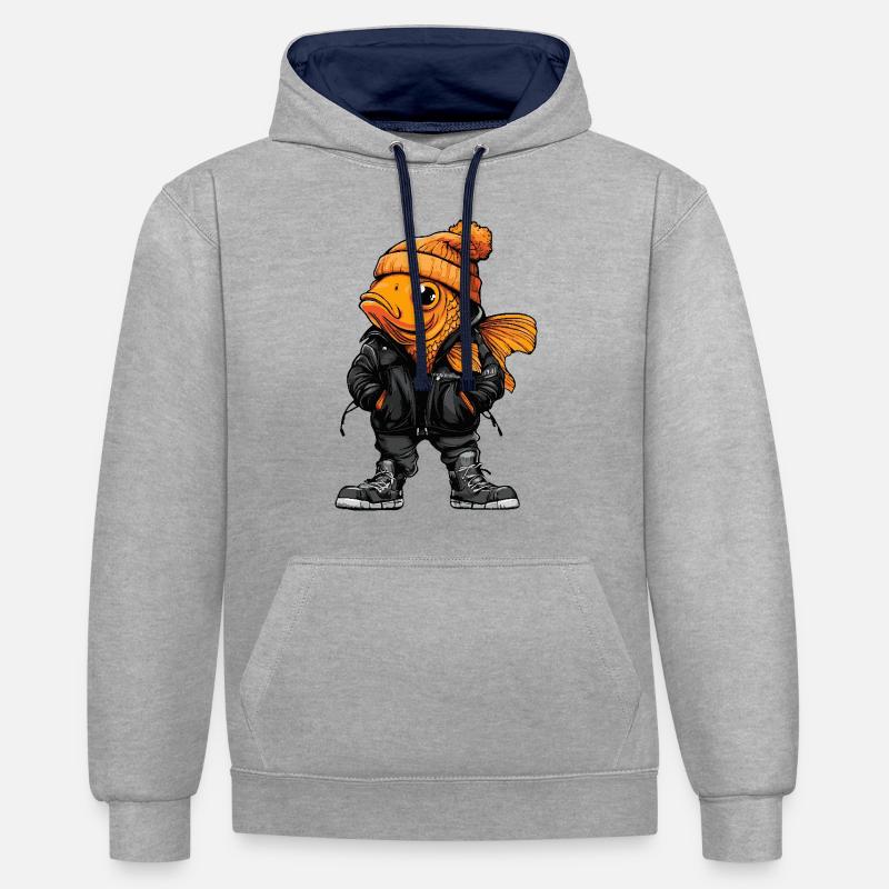 Poisson rouge drôle d’hiver - Sweat à capuche contrasté - gris chiné/bleu marine