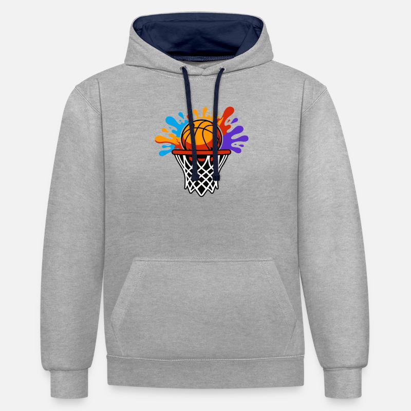 Éclatement du panier éclaboussant du basketball - Sweat à capuche contrasté - gris chiné/bleu marine