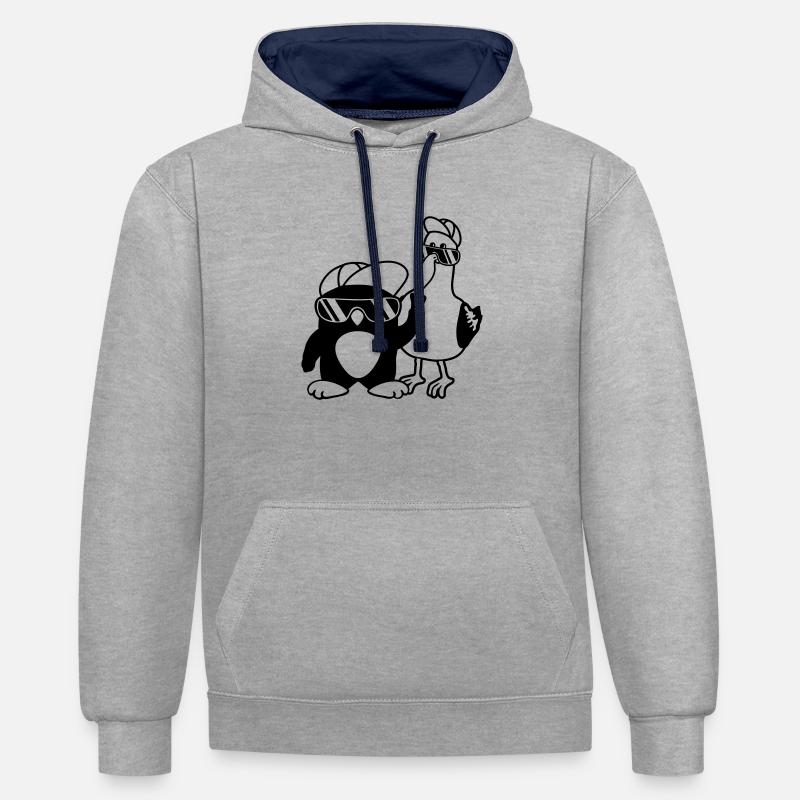 Pinguin Möwe 2 Freunde - Kontrast-Hoodie - Grau meliert/Navy