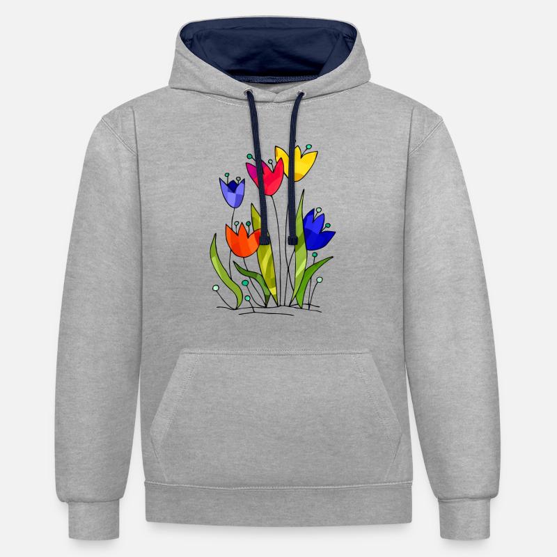 Fleurs - Sweat à capuche contrasté - gris chiné/bleu marine