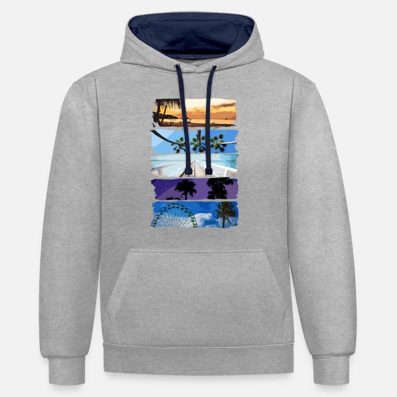 Palmiers et plage - Sweat à capuche contrasté - gris chiné/bleu marine