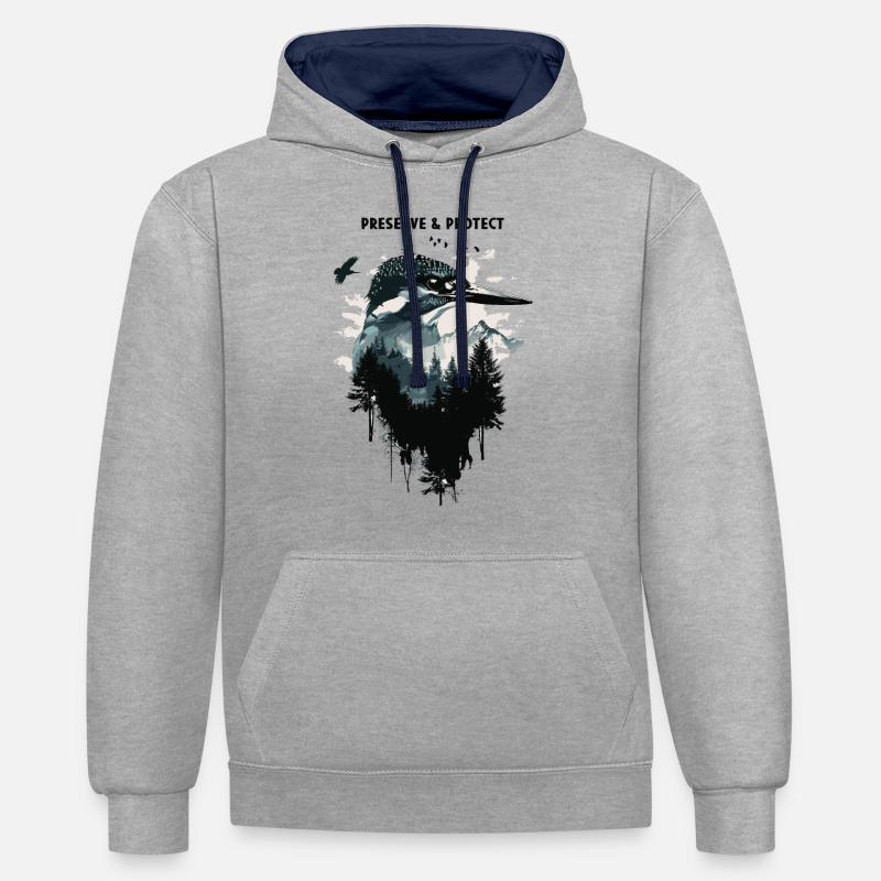 Préserver et protéger le martin-pêcheur - Sweat à capuche contrasté - gris chiné/bleu marine
