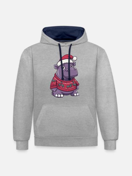Nilpferd Weihnachten Comic - Kontrast-Hoodie - Grau meliert/Navy