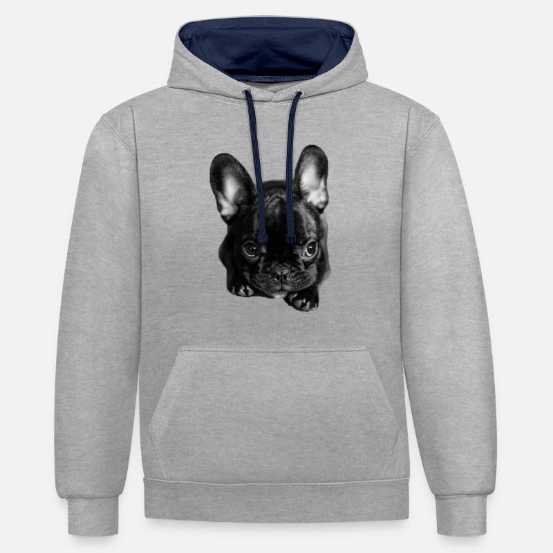Bouledogue chiot / bébé - Sweat à capuche contrasté - gris chiné/bleu marine
