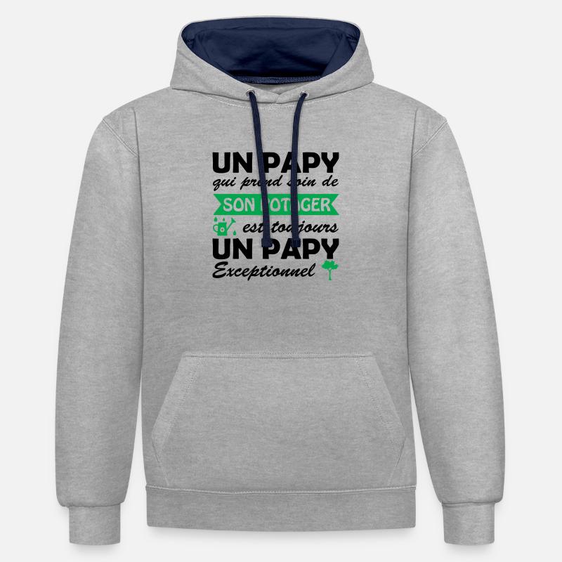papy exceptionnel / papy jardinier - Sweat à capuche contrasté - gris chiné/bleu marine
