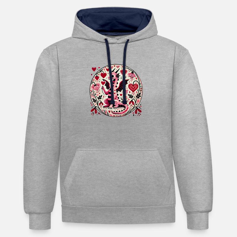 Dragon rose de la Saint-Valentin - Sweat à capuche contrasté - gris chiné/bleu marine