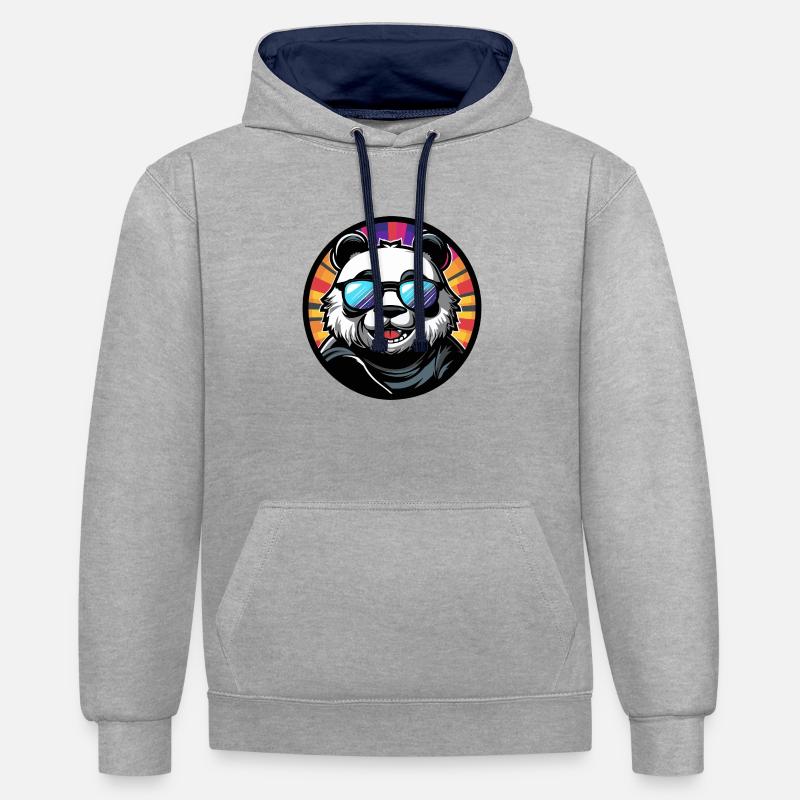 Panda Bande Dessinée Cool - Sweat à capuche contrasté - gris chiné/bleu marine