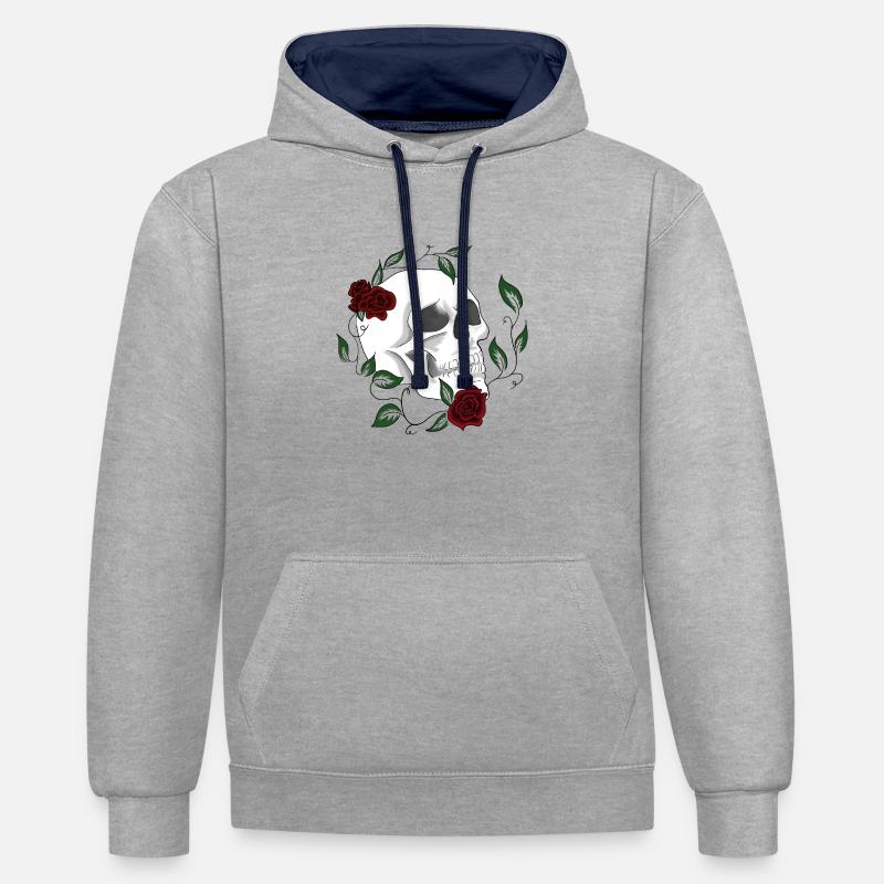 Crâne crâne avec roses X#02 - Sweat à capuche contrasté - gris chiné/bleu marine