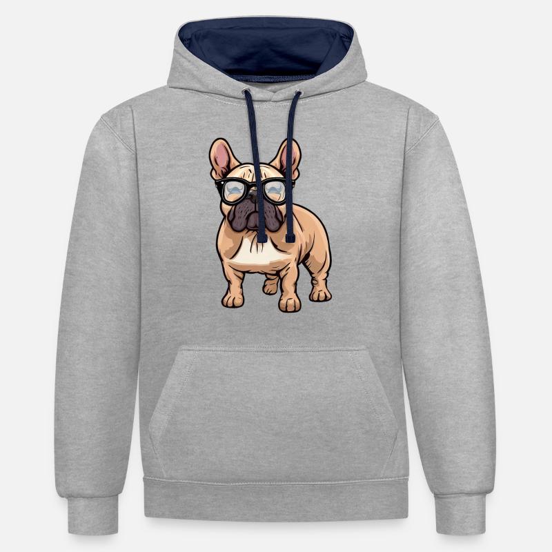 Frenchie le nerd - Sweat à capuche contrasté - gris chiné/bleu marine