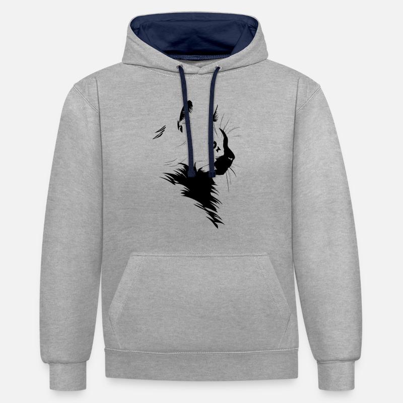 Chat, Motif De Chat - Sweat à capuche contrasté - gris chiné/bleu marine