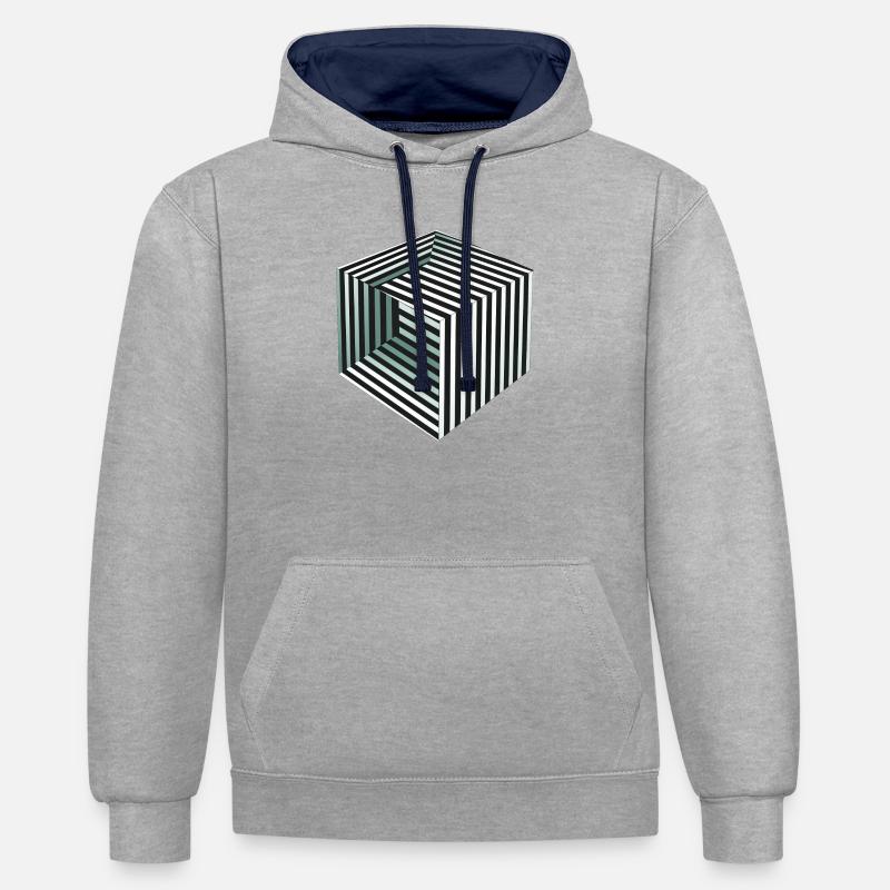 Illusion de cube rayé - Sweat à capuche contrasté - gris chiné/bleu marine