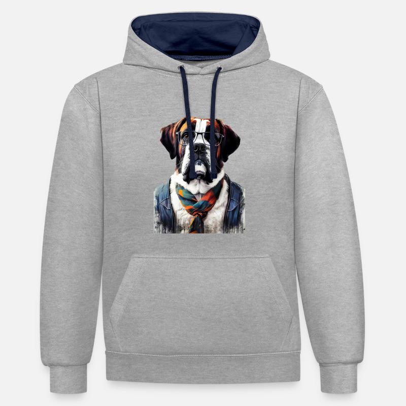 Hipster Dog Bernardine #Bernardyn - Sweat à capuche contrasté - gris chiné/bleu marine