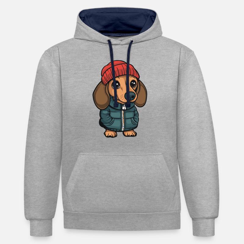 Dackel teckel dessin animé - Sweat à capuche contrasté - gris chiné/bleu marine
