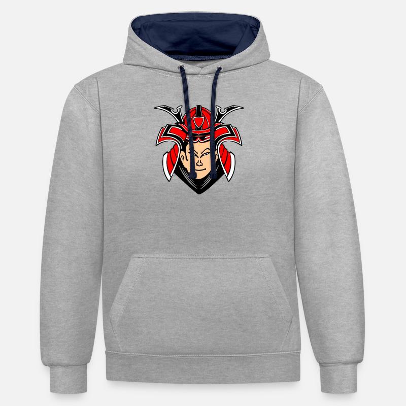 Samouraï avec design de casque - Sweat à capuche contrasté - gris chiné/bleu marine