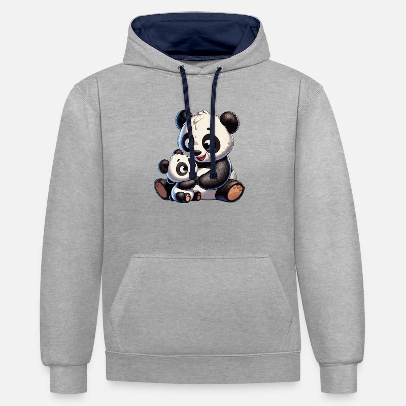 Mère panda avec enfant - Sweat à capuche contrasté - gris chiné/bleu marine